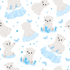 Seamless pattern with cute polar baby bear. Vector cartoon hand drawn childish pattern for kids or newborn. Funny little animal on white background