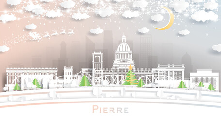 Pierre South Dakota. Winter city skyline in paper cut style with snowflakes, moon and neon garland. Christmas, new year concept. Santa Claus. Pierre USA cityscape with landmarks.