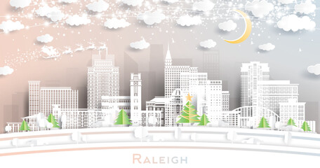 Raleigh North Carolina. Winter city skyline in paper cut style with snowflakes, moon and neon garland. Christmas, new year concept. Santa Claus. Raleigh USA cityscape with landmarks.