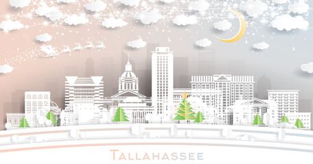 Tallahassee Florida. Winter city skyline in paper cut style with snowflakes, moon and neon garland. Christmas, new year concept. Santa Claus. Tallahassee USA cityscape with landmarks.