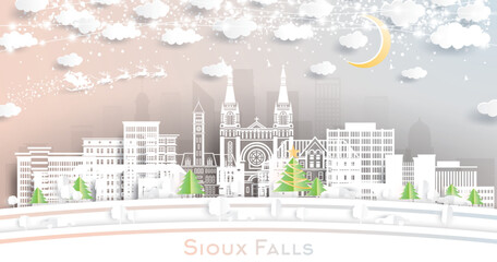Sioux Falls South Dakota. Winter city skyline in paper cut style with snowflakes, moon and neon garland. Christmas, new year concept. Santa Claus. Sioux Falls USA cityscape with landmarks.