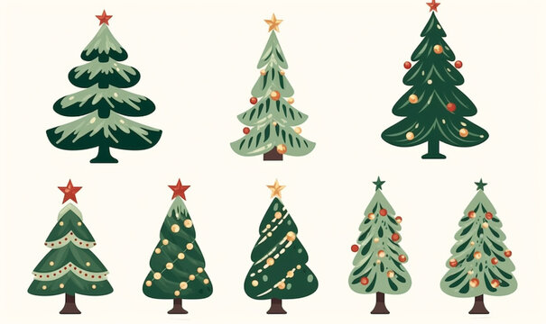Icon set of fir trees. Decoration for New Year, winter holidays. Set of cartoon Christmas trees for greeting card. Stickers with simple background.