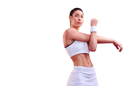 Thinking, woman or stretching arms for fitness for wellness isolated on a transparent png background. Relax, sports athlete or healthy girl in muscle warm up for training, body workout or exercise