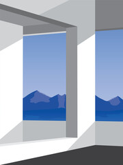illustrator building Construction lanscape with sea mountain and sky