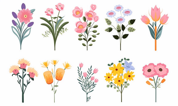 Collection of beautiful wild herbs, herbaceous flowering plants, blooming flowers. Botanical illustration. Set of cartoon bouquets for greeting card or stickers with simple background.