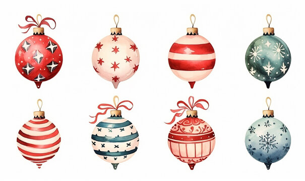 Set of cartoon aquarel Christmas balls for greeting card or stickers. Beautiful set color ornate balls. New year design elements. Decorations for Christmas tree. Watercolor illustration.