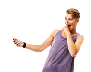 Man, phone and scared reaction to chat, text message and communication with drama isolated on png transparent background. Male person, cellphone and technology, facial expression and fear with alarm