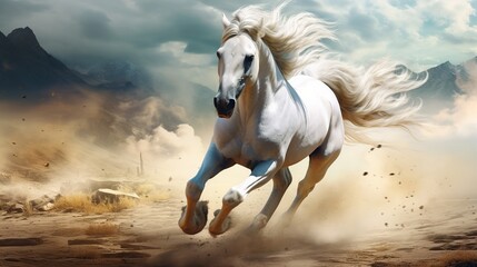 Obraz na płótnie Canvas White horse running on dust fantasy background. AI generated image