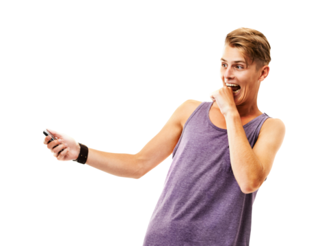 Man, phone and scared reaction to chat, text message and communication with drama isolated on png transparent background. Male person, cellphone and technology, facial expression and fear with alarm