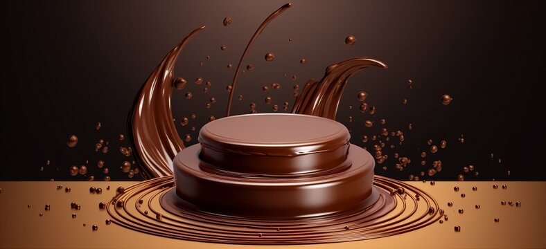 Chocolate podium 3D background product coffee stand display platform liquid milk splash. 3D chocolate wave cocoa podium brown dark melt hot studio smooth bar stage abstract pedestal texture flow food.