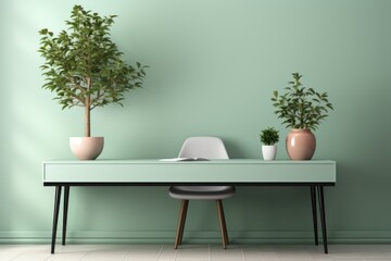 Minimalist white office desk featuring a pastel green potted plant, adding a touch of nature to the workspace, Generative AI