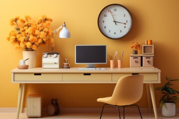 Pastel beige office desk with a pastel yellow desktop computer, creating a balanced and modern office setup, Generative AI
