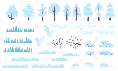 Winter forest scenery, snowy trees and bushes. Beautiful wild nature in snow, december freezing weather. Flat vector illustration