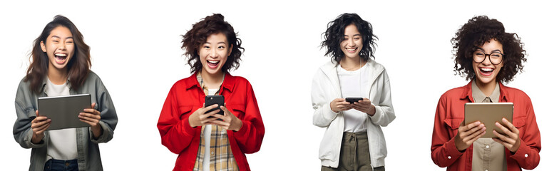 Set of Portrait of young woman attractive cheerful amazed using tablet computer and smart phone, isolated on white background, png - obrazy, fototapety, plakaty