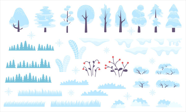Winter forest scenery, snowy trees and bushes. Beautiful wild nature in snow, december freezing weather. Flat vector illustration