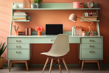 Pastel coral office desk with a pastel blue laptop, representing the intersection of technology and design in the workplace, Generative AI