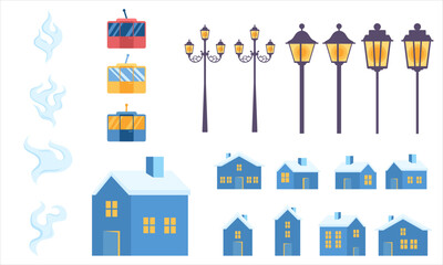 set of Winter houses collection. Cartoon snow home and park lamp