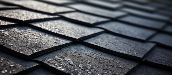 Close up of new buildings roof covered in asphalt or bitumen shingles for waterproofing - obrazy, fototapety, plakaty