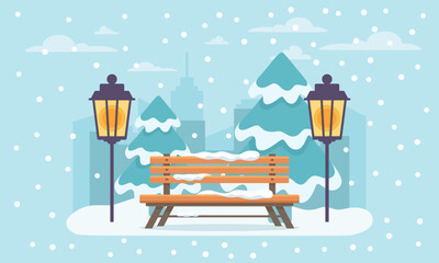 Winter city park with snow and city silhouette. Bench in winter city park, winter holidays concept in flat cartoon style. City park landscape banner. Urban outdoor. Vector illustration