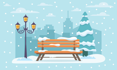 Winter city park with snow and city silhouette. Bench in winter city park, winter holidays concept in flat cartoon style. City park landscape banner. Urban outdoor. Vector illustration