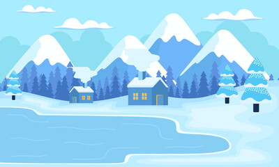 Cute winter landscape. Winter banner. Lovely houses in a snowy valley. Horizontal landscape. Winter Cabin Illustration