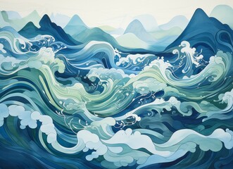 An abstract illustration of a wave in the ocean. A Majestic Wave Crashing in the Vast Ocean of Tranquility