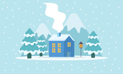 Fototapeta na wymiar Cute winter landscape. Winter banner. Lovely houses in a snowy valley. Horizontal landscape. Winter Cabin Illustration