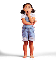 Little girl, portrait and shocked hand on face standing isolated on a transparent PNG background....