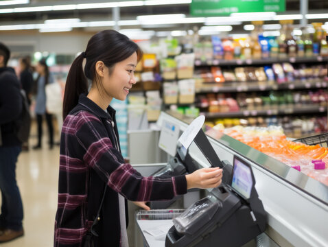 Asian-american women use self-checkout devices in supermarkets
