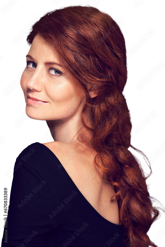 Wall mural Natural, hair and portrait of ginger woman with smile on isolated, png and transparent background. Beauty salon, haircare and face of redhead female model with healthy texture, wellness and cosmetics