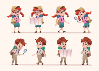 Cartoon characters boy and girl travelers, explorers young children