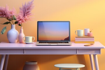 Fototapeta premium Pastel lavender office desk with a pastel yellow desktop computer, embracing modern technology with a soft color palette, Generative AI