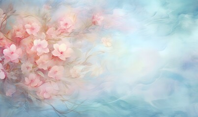 soft watercolor background with pink white flowers on blue