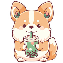 Corgi Dog drinks Boba Bubble Tea Kawaii Chibi transparent Background