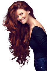 Portrait, wavy and happy woman with red long hair, healthy texture growth and shine, highlights or extensions care. Salon transformation, hairstyle and person isolated on transparent, png background