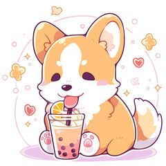 Corgi Dog drinks Boba Bubble Tea Kawaii Chibi transparent Background