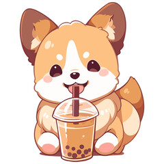 Corgi Dog drinks Boba Bubble Tea Kawaii Chibi transparent Background