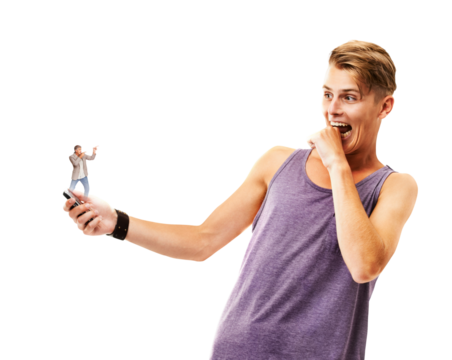Fear, phone and hologram of future man isolated on a transparent png background. Horror, scared and person with futuristic smartphone, surprise and excited for 3d mobile technology with smart app - Powered by Adobe