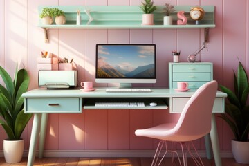 Pastel pink office desk with a pastel mint green desktop computer, creating a harmonious and tech-savvy workspace, Generative AI