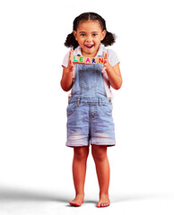 Learn blocks, education and portrait of child standing isolated on a transparent PNG background....