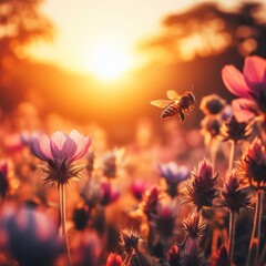 A bee flying over a field of flowers at sunset - obrazy, fototapety, plakaty