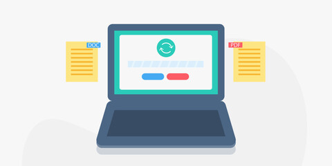 Online file converter application, converting document to pdf file, digital business technology conceptual vector illustration web banner.