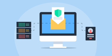 Secure email database, online message cyber security data protection technology, encrypted email message communication. Email server hosting conceptual vector illustration. - obrazy, fototapety, plakaty