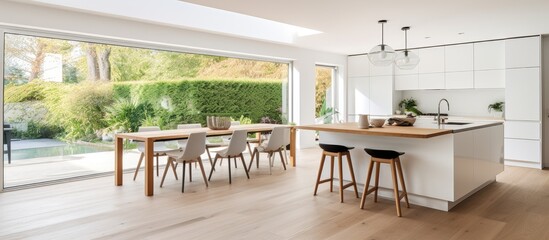 Contemporary home with white walls and a large window showcases an open plan kitchen featuring a spacious island and dining table in the interior