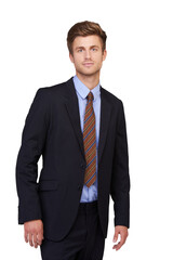 Business man, portrait and suit with corporate confidence isolated on a transparent, png background. Work, professional and serious male person with worker and job success with lawyer employee
