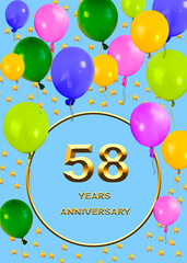 3d illustration, 58 anniversary. golden numbers on a festive background. poster or card for anniversary celebration, party
