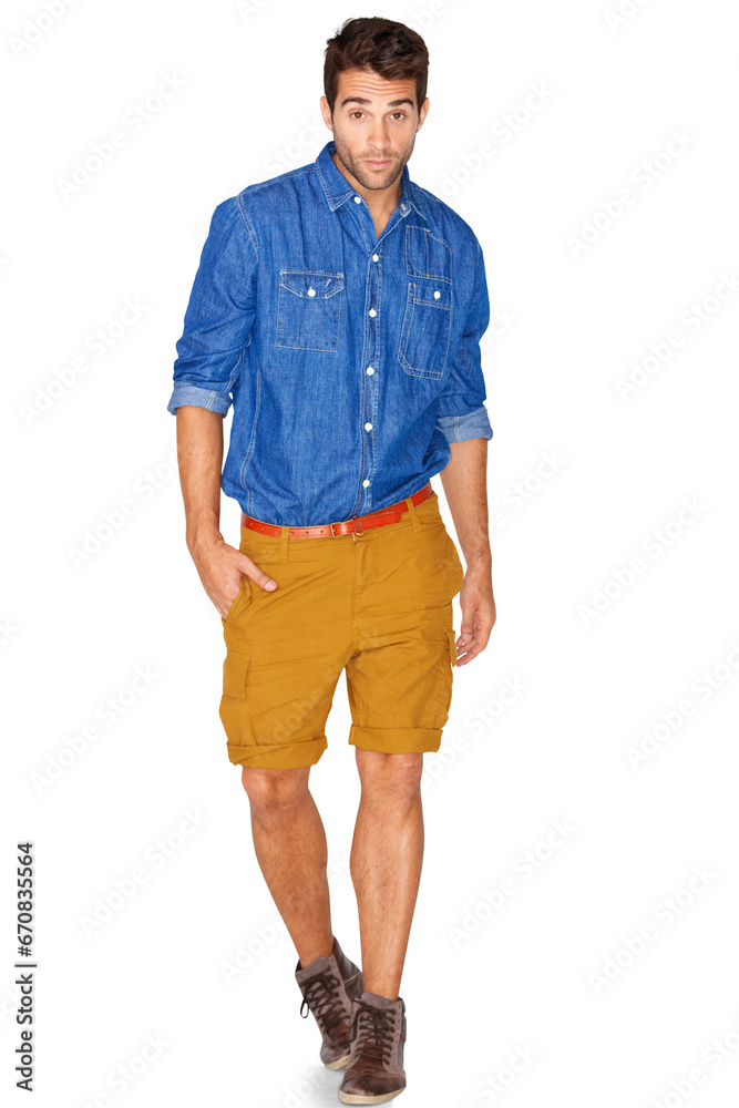 Poster portrait, fashion and walking with a hipster man isolated on a transparent background for trendy sty