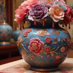 A blue vase with intricate pink and red flowers and gold accents