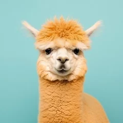 Foto auf Alu-Dibond Alpaca face watch you with funny hair style. Alpaca with haircut isolated on bright background. Good for banner, poster, notebooks typography, cards © Yulia