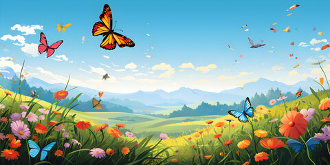 Butterfly field with mountain and sky background